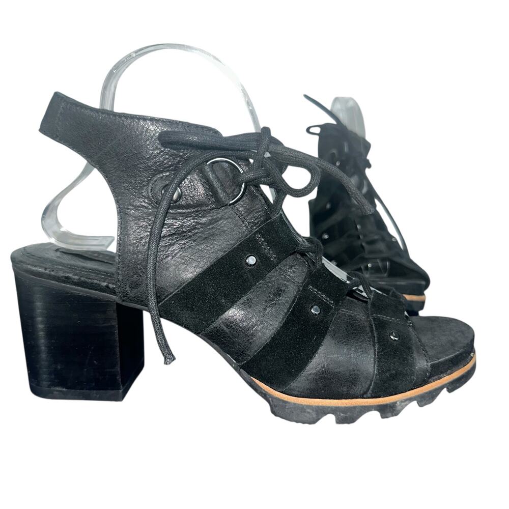 Sorel Addington Black Leather Lace-Up Block Heel Sandals Size 10